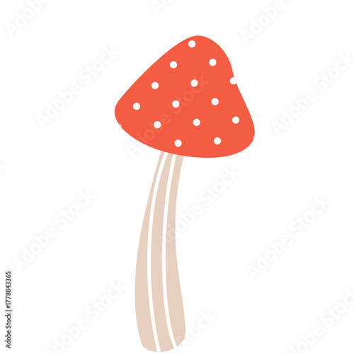 Whimsical Red Mushroom With White Spots And Light Brown Stem On Transparent Background Simple Cartoon Style Illustration