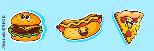 Collection of Cute Stickers Fast Food Burger, Hot Dog, and Pizza Kawaii Design Cartoon
