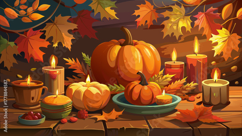 Very beautiful realistic close-up of autumn leaves, pumpkins, and candles on a wooden table, cozy Thanksgiving decoration scene with soft focus and warm evening light.
