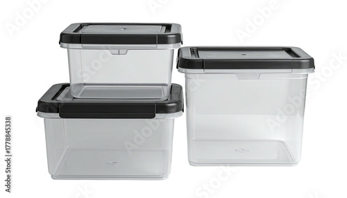 Three stackable clear plastic containers with black lids