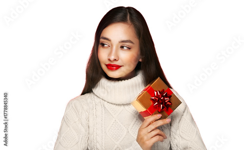 Beautiful woman in a white knitted sweater with gift box isolated on transparent background. Christmas or New Year festivities. Holiday and Party