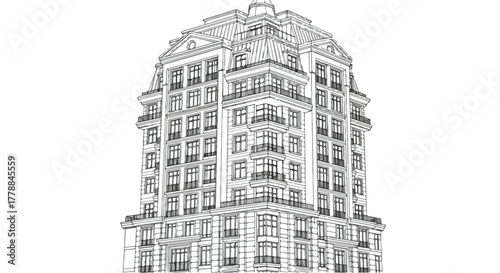 Tall corner building modern architecture vector line art illustration.