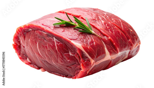 Raw, red beef roast, rosemary sprigs, tied butcher's string