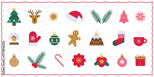 Collection of Christmas elements and ornaments for decorations on transparent background and festive pattern