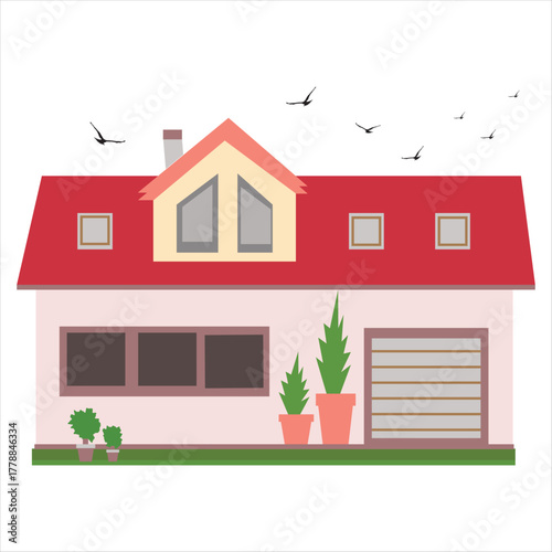 Vector illustration of a house, Isolated cartoon house. Simple suburban house with garage, Flying Birds, Concept of real estate, property and ownership.