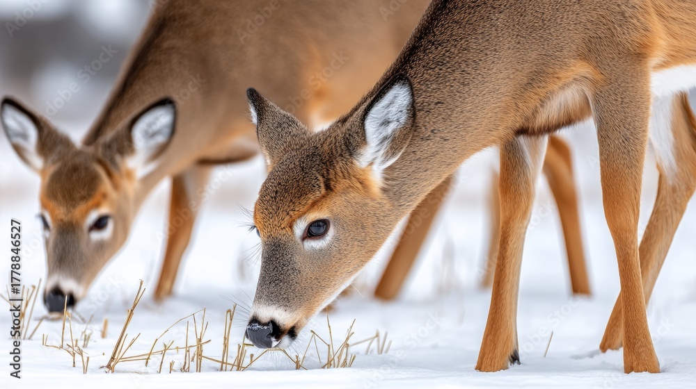 Obraz premium Two Graceful White Tailed Deer foraging in a Snow Covered Pasture under Bright Winter Sunshine