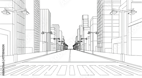 City road perspective modern urban architecture vector line art illustration.
