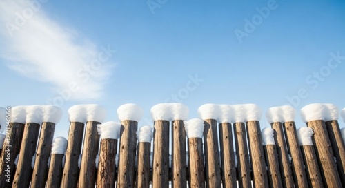 Winters Embrace SnowCapped Fence Under Azure Sky.