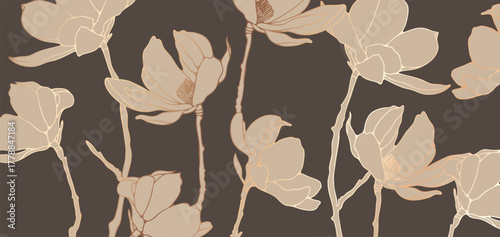 Orchid flowers vector abstract design for postcards, posters or covers. Golden flowers luxurious floral background