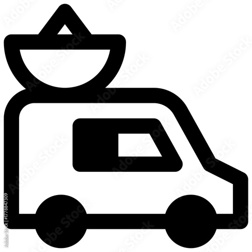 News van. Outlined stroke vector icon with black-filled details.