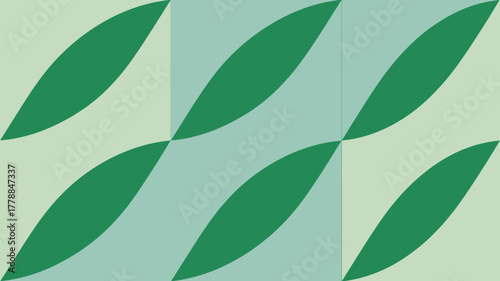 Abstract pattern with green leaf shapes on light green and blue background in diagonal arrangement