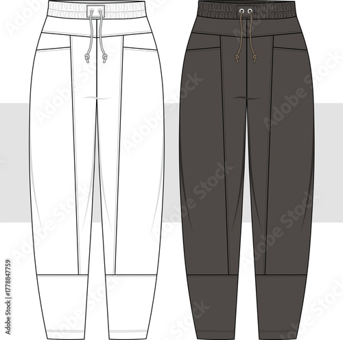Unisex cut and sew panel block sweatpants, fashion technical drawing, illustration. Relaxed fit pants, vector. CAD, MOCKUP.
