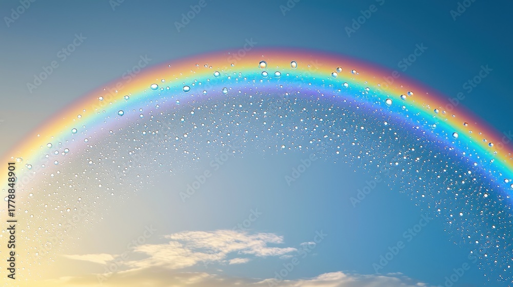 Naklejka premium Optical path curves water droplets rainbow spectrum natural light refraction curved pathways atmospheric effects gradient sky microscopic spheres graceful arc formation