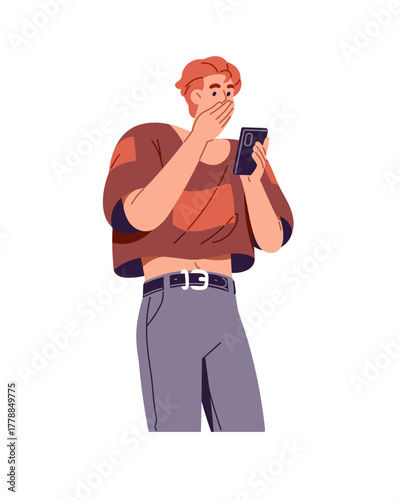 Shocked teen scrolls social networks on smartphone. Amazed boy is surfing the Internet on phone. Young man holding telephone is stunned by reading news. Flat isolated vector illustration on white