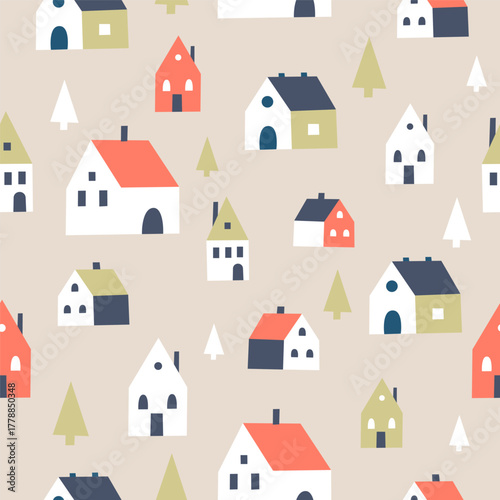 Knitted winter pattern with houses and Christmas trees on a beige background