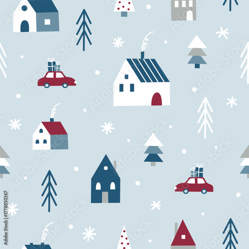 Seamless festive pattern winter village