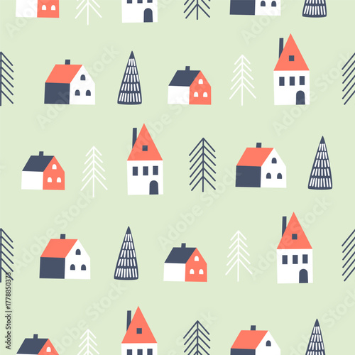 Seamless winter pattern with houses and fir trees on a green background