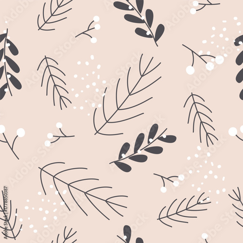 Christmas pattern with spruce or pine branches, juniper with berries, on beige background
