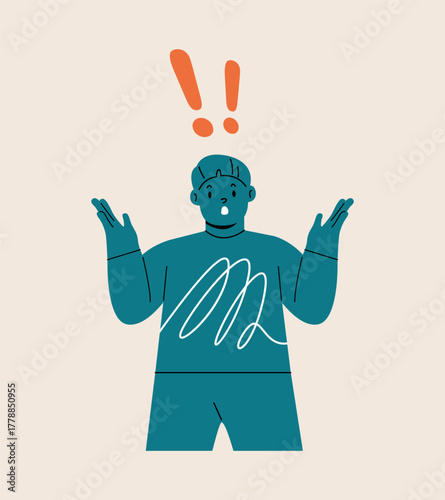 Shocked boy with exclamation marks. Colorful vector illustration