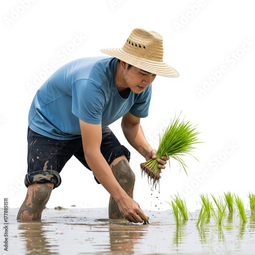 Hardworking young Asian farmer in a straw hat planting rice seedlings by hand in a muddy paddy field, isolated on a white background