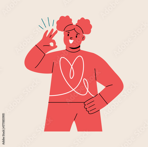 Girl is giving an ok sign. Colorful vector illustration