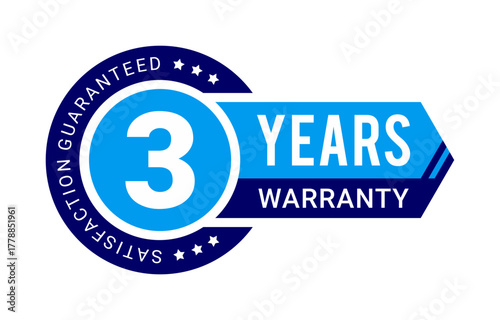 Modern 3 years warranty badge vector with satisfaction guaranteed label in blue color with ribbon and arrow