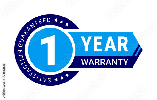 Modern 1 year warranty badge vector with satisfaction guaranteed label in blue color with ribbon and arrow