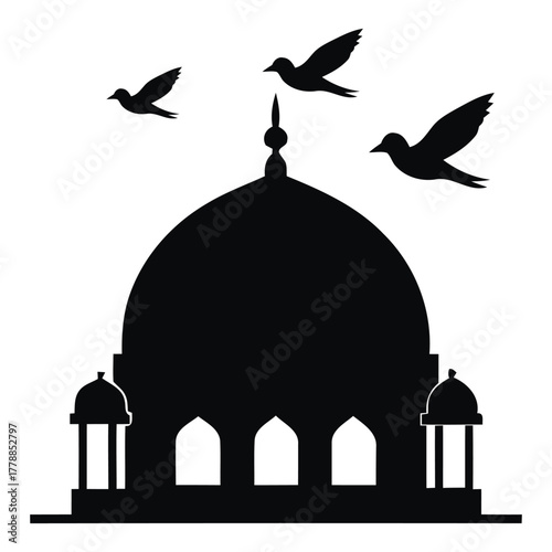 Black mosque vector illustration, silhouette of mosque, Flying Dove, Sign of Peace