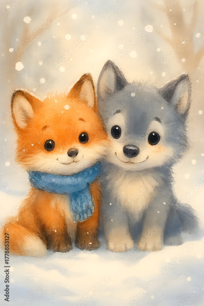 Obraz premium Watercolor Adorable Fox and Wolf Cub Illustration With Winter Snow Scene