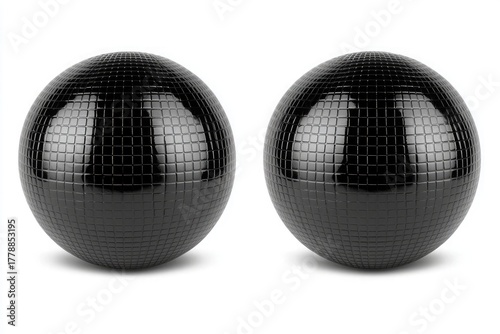 Glossy black disco balls front view isolated on white background for modern party decoration and 3d design element showcase