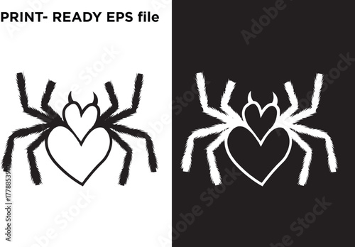 Unique spider-heart hybrid vector design with a prominent heart body, small horns, and textured legs, presented in stark black and white, conveying dark romance, quirky Halloween, alternative aestheti