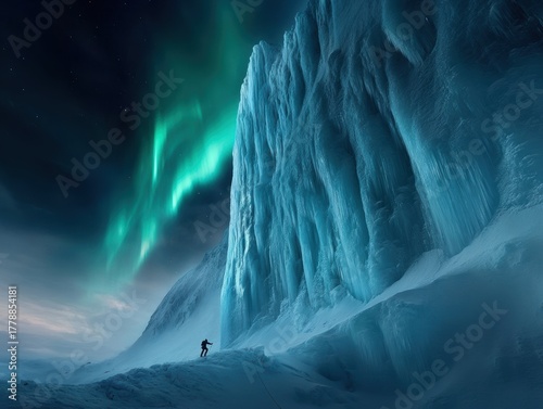 Northern lights illuminate a majestic ice wall as a climber explores the arctic landscape at night