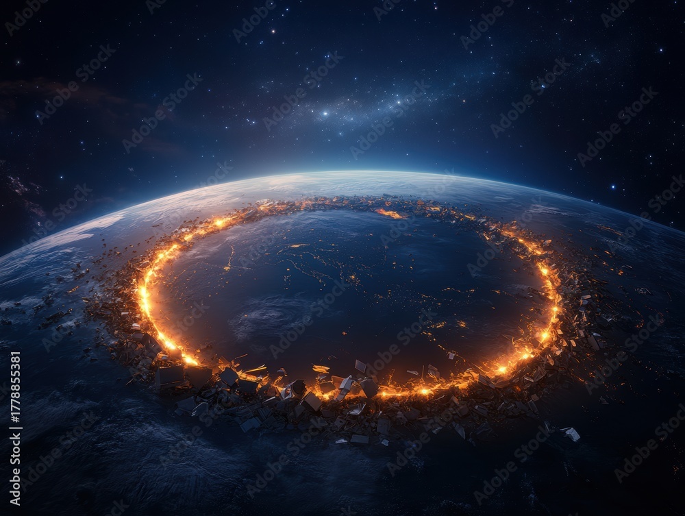 Obraz premium View of Earth surrounded by a glowing ring of debris from an apocalyptic event in space