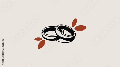 Two wedding rings with brown leaves on a cream background in a simple elegant flat design style