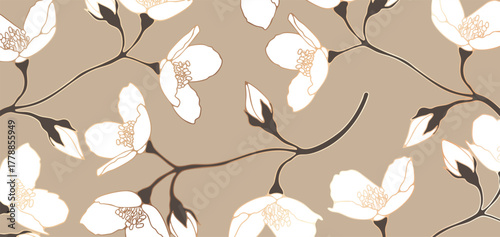 Jasmine flower branches vector floral luxury design for greeting cards, posters or banners.