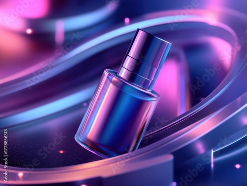 Colorful glass bottle with shiny surface against a vibrant abstract background