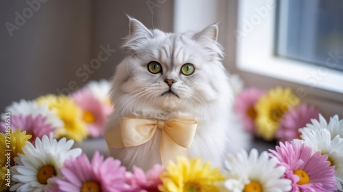 Adorable fluffy white cat wearing a bow surrounded by colorful flowers