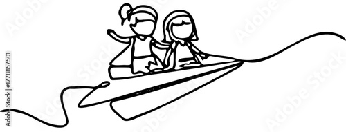 continuous one line drawing of two happy little girls flying together on a paper airplane