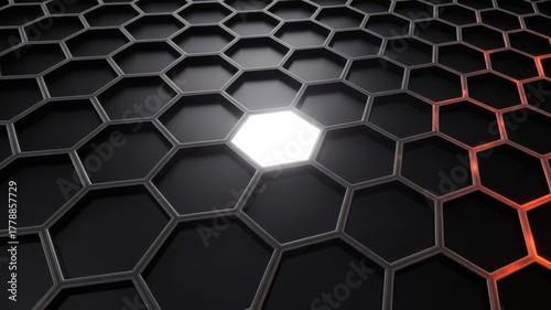Glowing hexagonal grid with one brightly lit cell