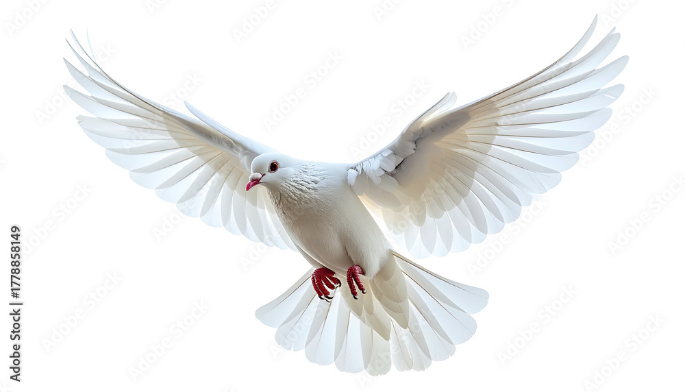 Fototapeta premium White dove flying, wings spread, against a black background