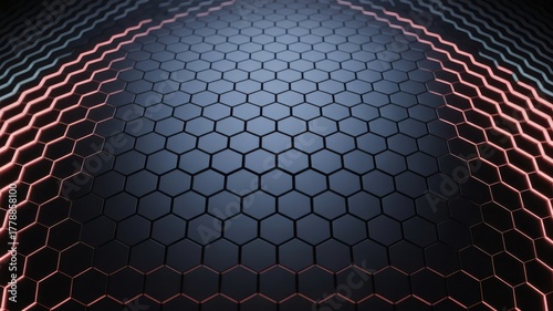 Abstract hexagonal pattern with glowing red and blue light