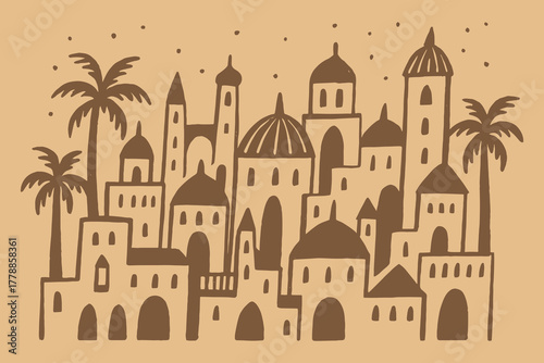 Old Arabic city skyline, hand-drawn sketch vector illustration