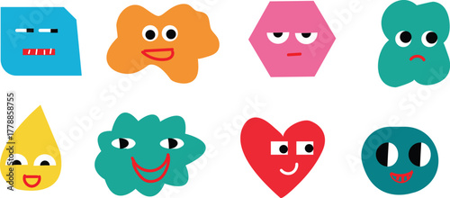 Face smile emoji doodle icon sticker set. Cute kid doodle hand drawn style funny face emoji smile, happy, sad sticker. Funny cartoon emoticon heart, star, flower shape. Vector illustration