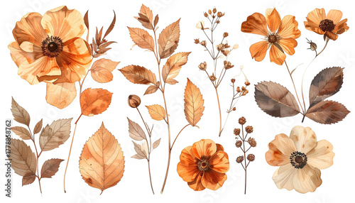 Sepia watercolor flowers, leaves, and stems on black background