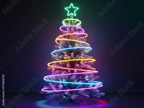 Christmas tree decorated with glowing neon lights in rainbow colors, spiraling around the tree, and topped with a bright neon star, set against a dark background.