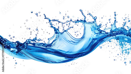 Blue wave splashing, glistening droplets against a black backdrop