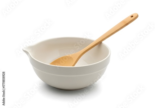 An empty wooden bowl and spoon isolated on white, a kitchen object for Asian soup or rice cuisine
