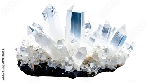 Cluster of translucent quartz crystals on dark base