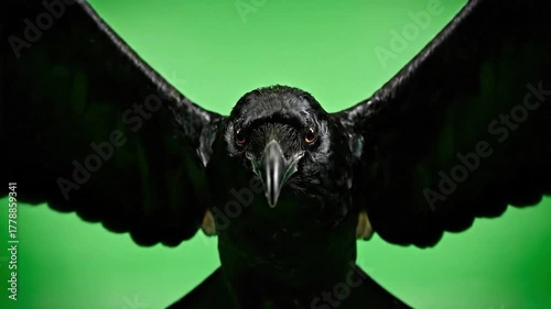 Ai generated raven spreading wings on green screen background for halloween mystery and cinematic compositing. Raven with wings spread on green. Black bird close up on green​