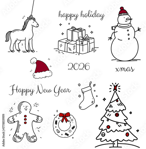happy holiday, happy new year. christmas doodle set